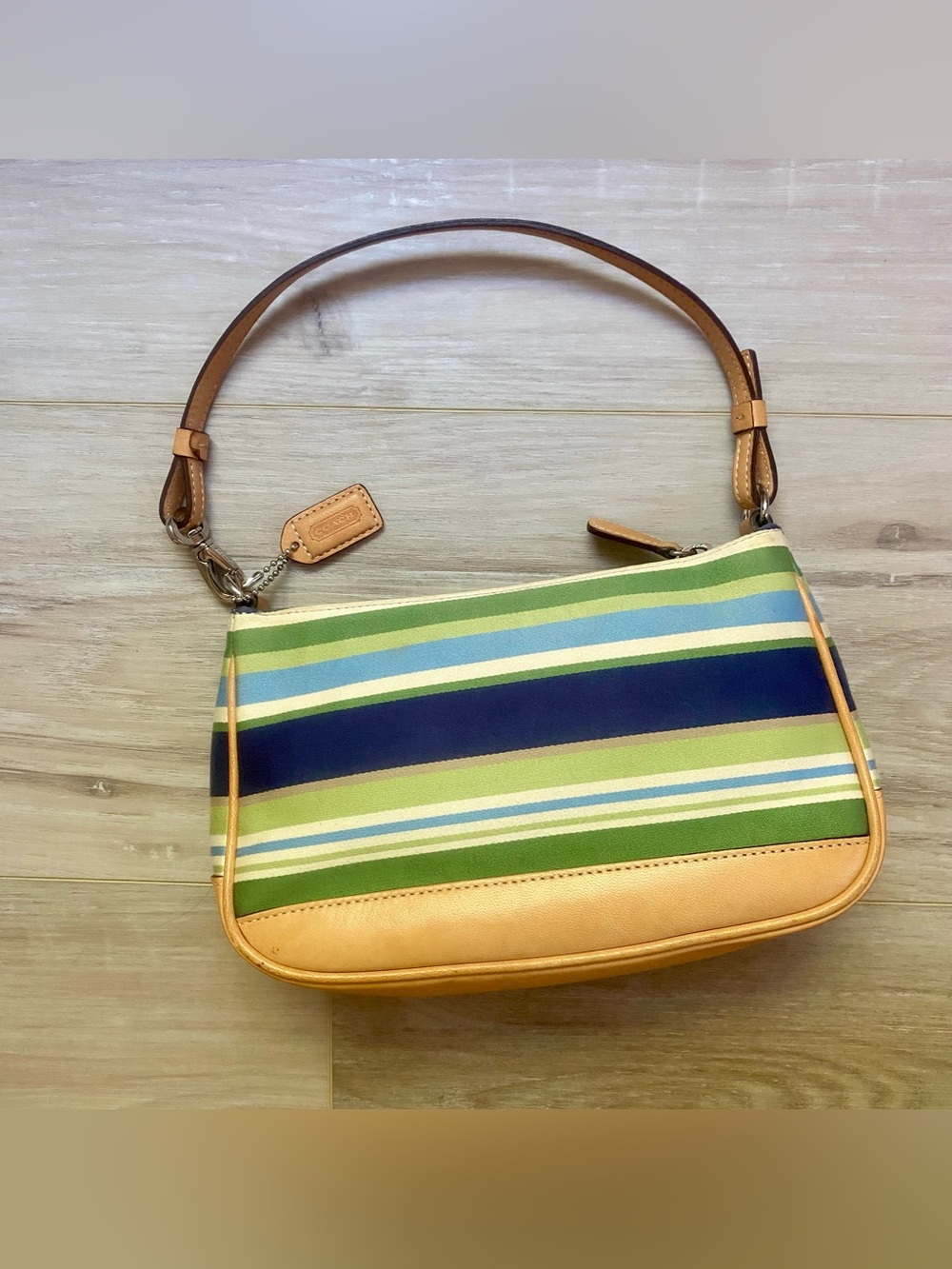 Vintage RARE Coach Striped Demi Shoulder Bag in Green, Navy & Tan